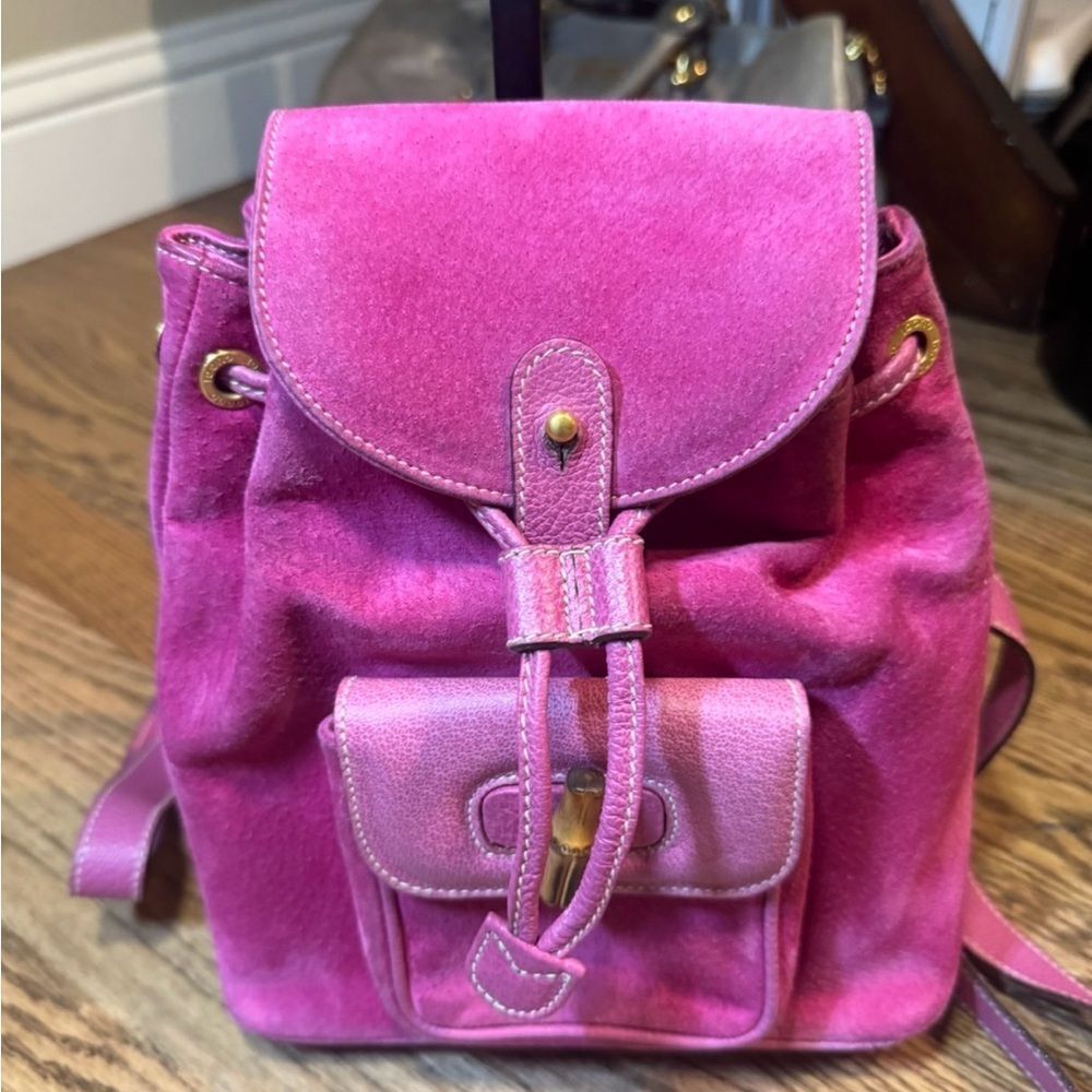 GUCCI Vintage Fuchsia Pink Suede Leather Mini Bamboo Backpack Napsack Auth - Picture 15 of 16